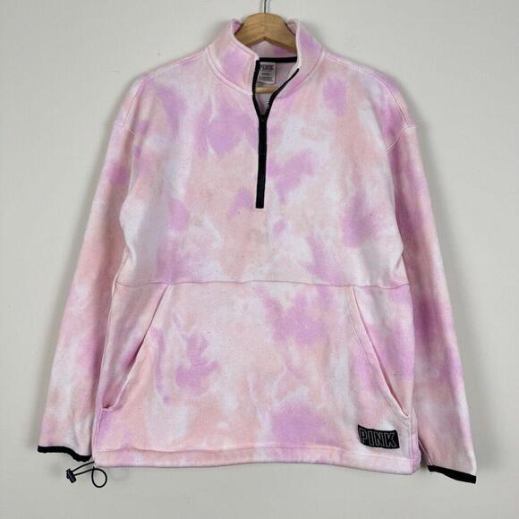 PINK Victoria's Secret Women Sweatshirt Half-Zip Tie-Dye Pockets Pink Size M - Picture 2 of 8